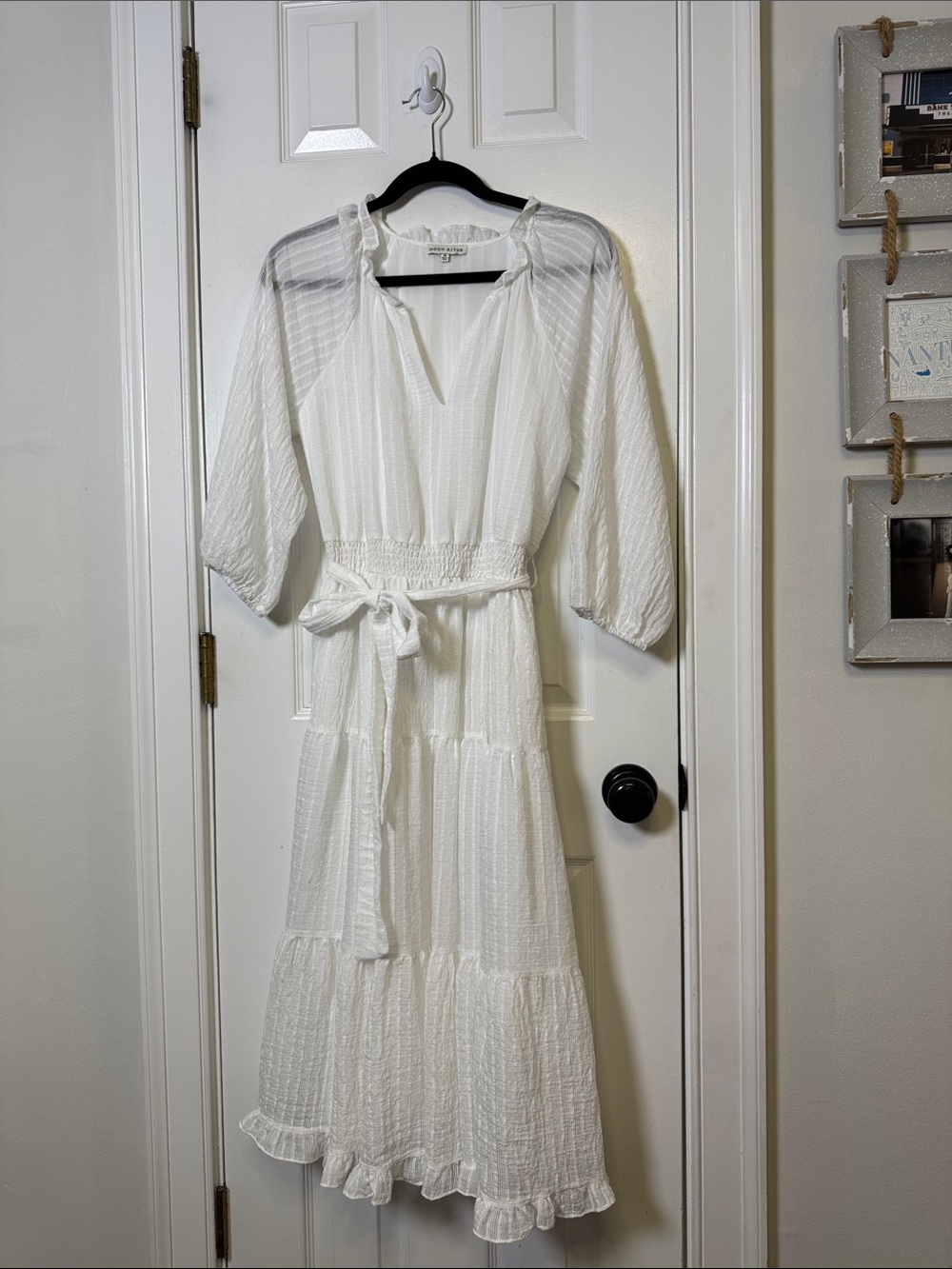 Moon River White Textured Tiered Midi Dress | Smocked Waist Boho Cottagecore M - Picture 3 of 9